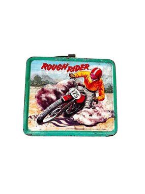 Vintage 1973 Aladdin Rough Rider Metal Lunch Box Dirt Bike Collectible